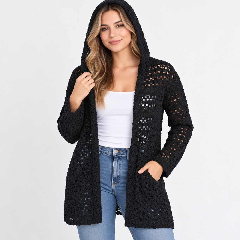 Angie Cardigan Women Medium Black Open Knit Crochet Hooded Long Sleeve Relaxed